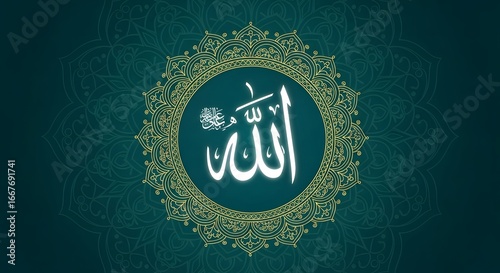 Beautiful islamic calligraphy of allah in an ornate golden frame on a textured teal background