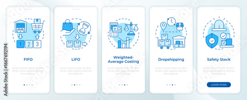 Inventory management methods techniques blue onboarding mobile app screen. Walkthrough 5 steps editable graphic instructions with linear concepts. UI, UX, GUI. Montserrat SemiBold, Regular fonts used