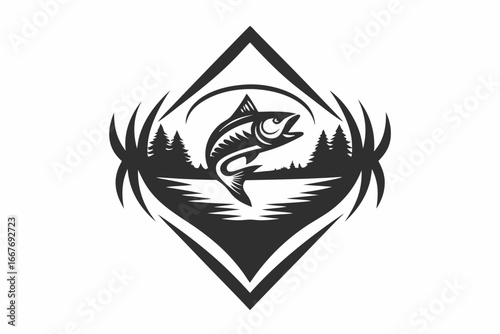 Leaping Fish with Abstract River on White Background Design