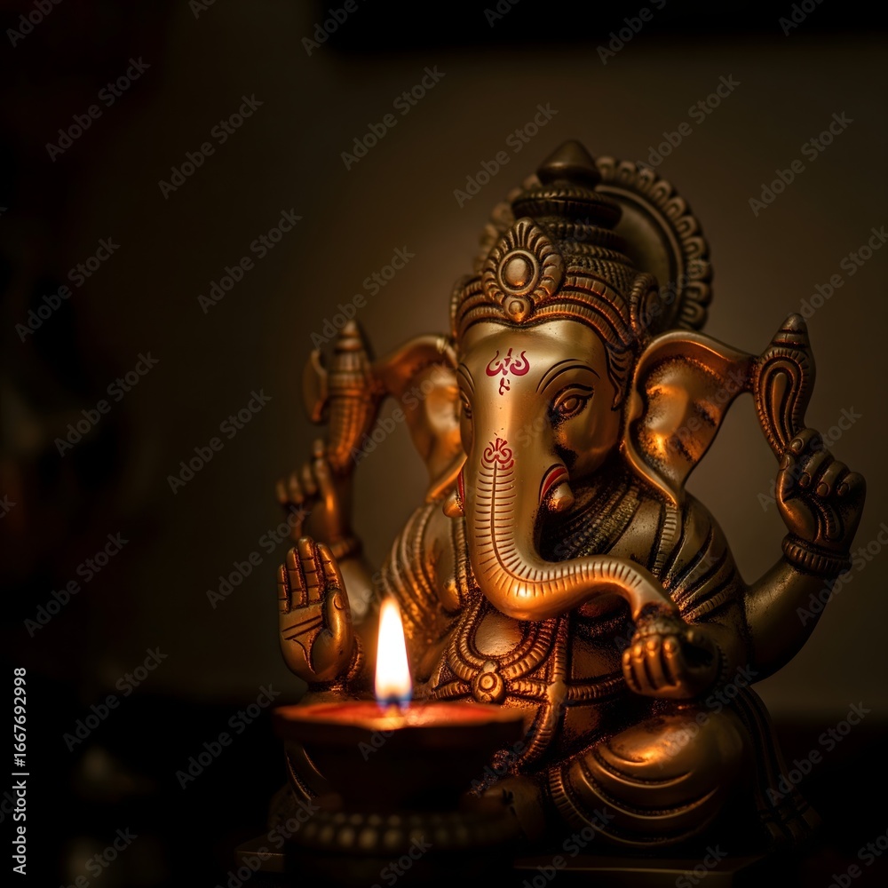 Obraz premium Brass Ganesha Idol Illuminated by a Diya Oil Lamp for Diwali or Ganesh Chaturthi Festival