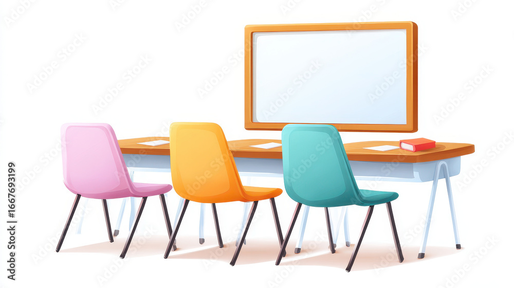 Fototapeta premium Colorful illustration of classroom setup with wooden desk, four vibrant chairs, whiteboard, and red book, evoking playful and educational atmosphere