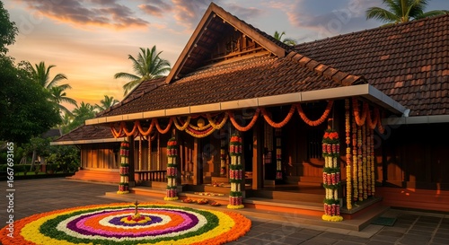 AI Generated Traditional Kerala House (Nalukettu) with Onam Pookalam Decorations at Sunset