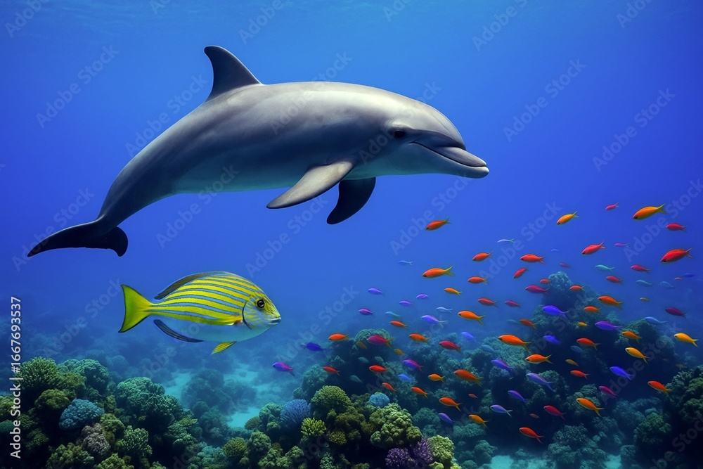 Fototapeta premium サンゴ礁を泳ぐイルカと熱帯魚 実写風イラスト