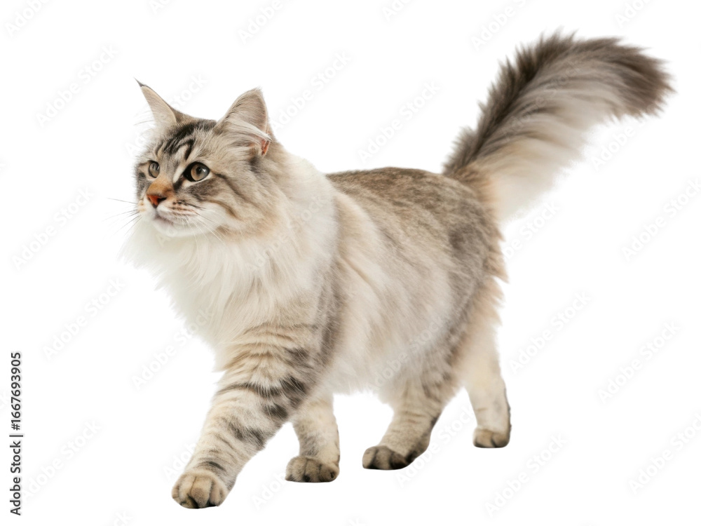 Obraz premium Siberian cat walks gracefully with fluffy tail showcasing its beautiful fur and playful demeanor