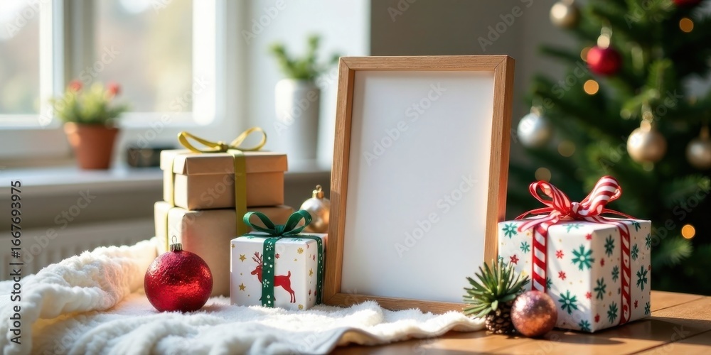 Naklejka premium A Festive Arrangement of Wrapped Gifts Near a Blank Frame on a Cozy Tabletop