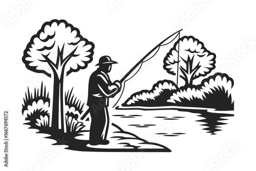 Fishing Man Silhouette On White Background with a tree near river bank