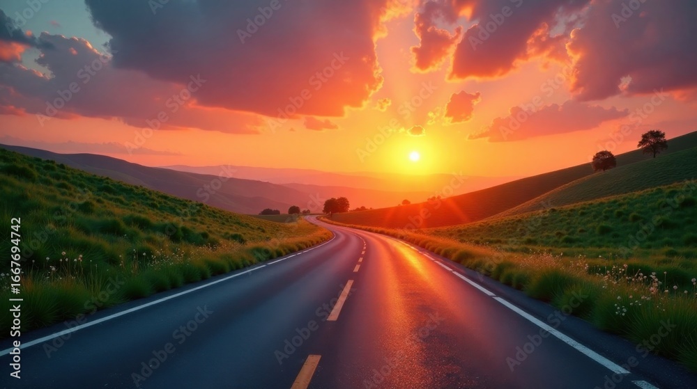 Fototapeta premium Serene Sunset Highway A Winding Asphalt Road Through Lush Grassy Hills, Bathed in the Warm Golden Glow of a Vibrant Evening Sky