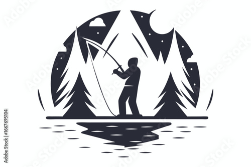 Black and Red Oval Fishing Silhouette with Fisherman, Mountains and Trees on White