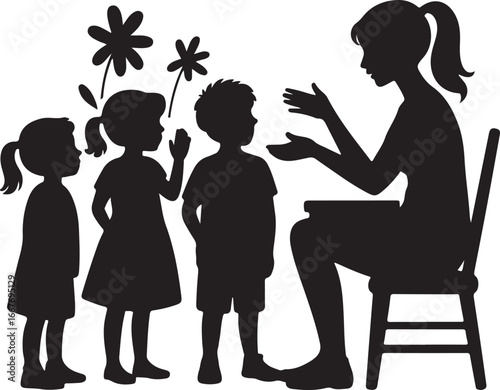 Kindergarten teacher with children silhouette vector art black color design and solid white background