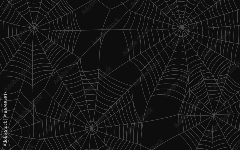 Naklejka premium Intricate white spider webs on black background seamless pattern