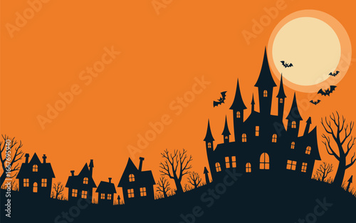 Halloween illustration with gothic castle full moon and orange sky