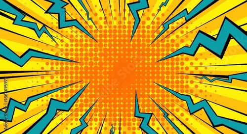 Vibrant Pop Art Explosion with Teal Lightning Bolts on a Yellow and Orange Halftone Burst.