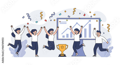 Business Team Celebrating Success with Trophy and Growth Chart.