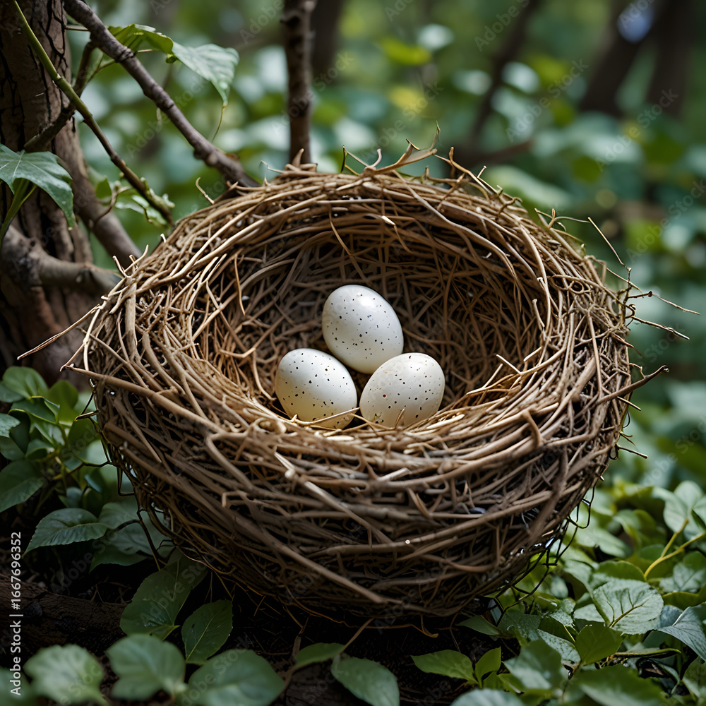 Fototapeta premium Bird eggs with bird nest in the forest