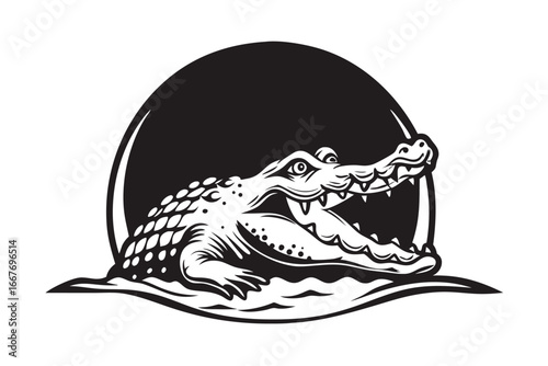 Alligator Tribal Tattoo, Black Silhouette with Ornamental on White Background