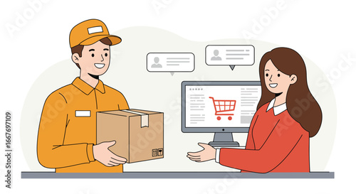 Delivery Man Hands Package to Smiling Woman.