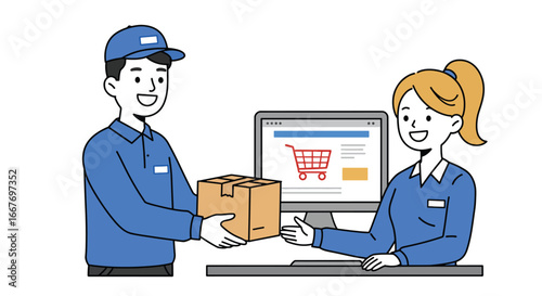 Delivery Person Handing Package to Customer at Desk.