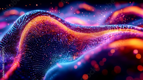 Abstract glowing waves of neon particles in vibrant purple, orange, and blue hues, symbolizing energy flow, data streams, or futuristic digital landscapes.