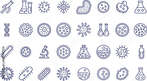 Microorganisms icons set,research, laboratory, microscope, science,  biology, microbiology, study, analysis, biotechnology, experiment, health care, medicine, academic and more vector illustration