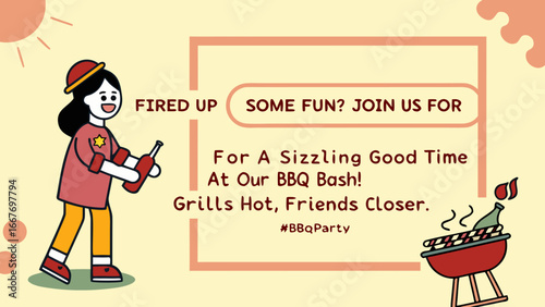 Invitation to a bbq party with a cartoon girl holding bottles and a grill with a bottle on top of it