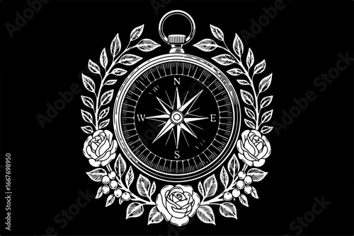 Floral Compass with Veritas Inscription – Black and White Design"