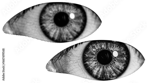 Retro vintage Eye halftone on transparent PNG. Ideal for overlays, posters, and designs. High-res, AI-based with human edited effects. Old vintage TV in trendy dotted pop art style.