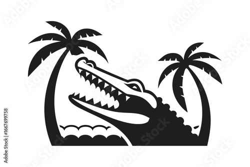Alligator with Open Mouth and Palm Trees Silhouette on White