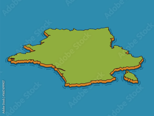 Isometric map of France. Green land with island surrounded by blue sea. Simplified cartoon style illustration of French geography and territory.