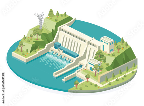 Water dam. Hydroelectric power station. Renewable green sustainable hydropower energy. High-voltage power lines. Energy plant. Electricity generation. Renewable resource.