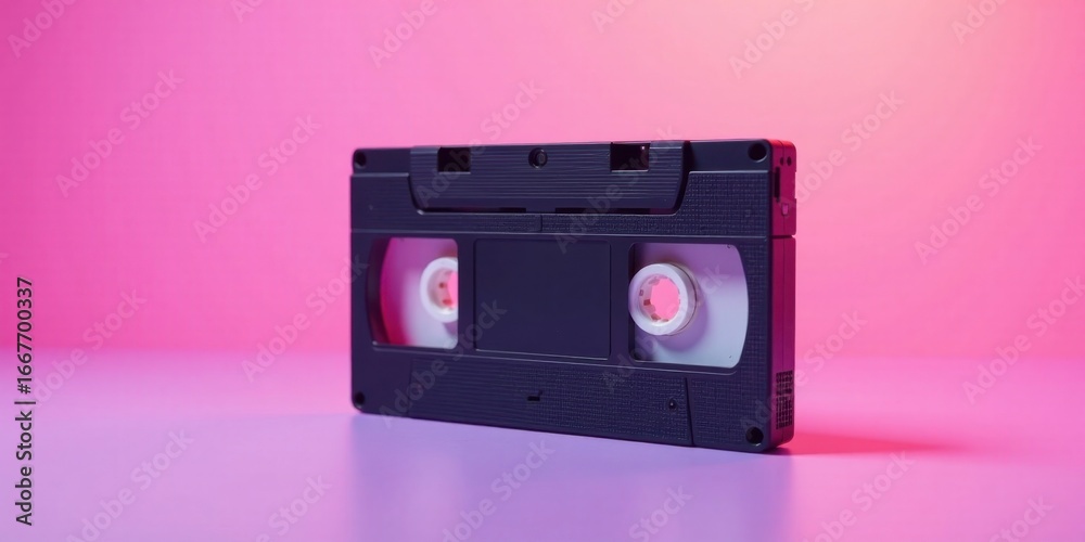 Obraz premium A Retro VHS Cassette Tape on a Vibrant Pink Surface, Evoking Nostalgia for Analog Media and a Bygone Era of Home Video Entertainment