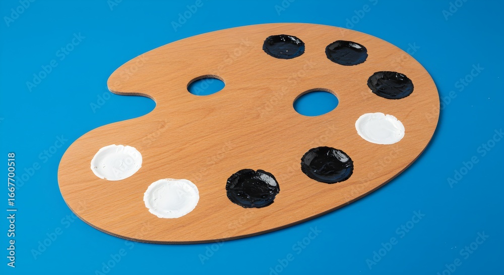 Fototapeta premium Wood Artist Palette displays Black and White Paint on Blue. Wood grain texture, product staging, art branding.
