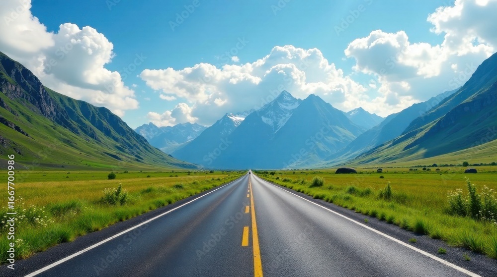 Naklejka premium Asphalt ribbon unwinding towards majestic snow-capped peaks under a brilliant summer sky, a scenic drive through verdant meadows