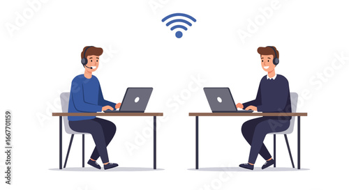 Two businessmen working on laptops connected by WiFi.