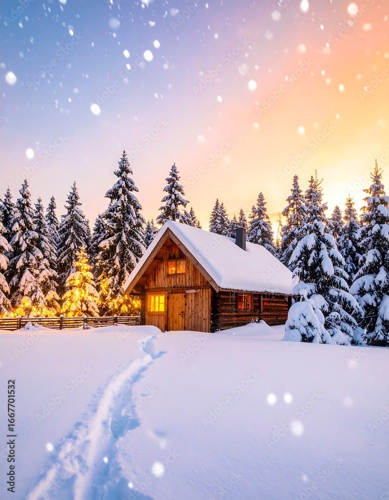 Naklejka premium Snowy Cabin in a Winter Forest at Sunrise.
