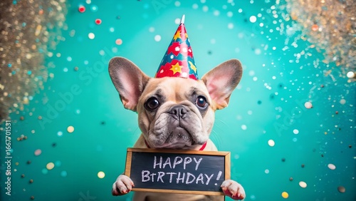 Adorable French Bulldog Celebrating Birthday with Party Hat and Sign