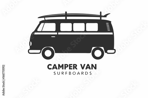 Dark Classic Camper Van with Surfboard on White Background Design
