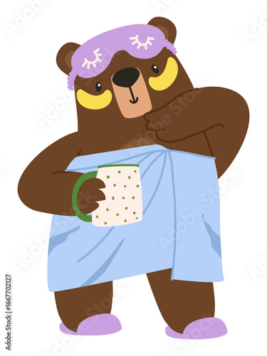 Morning bear in a towel. Sleep mask, eye patches for bags. Morning drink in the paws of the animal. Flat vector illustration. eps10