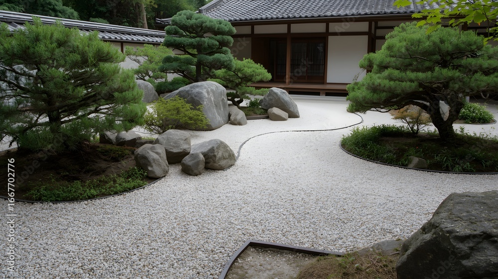Obraz premium Traditional Japanese Zen garden with raked white gravel, stones, and manicured pine trees near wooden temple, symbolizing harmony, simplicity, and peaceful meditative landscape design