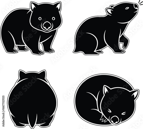 Four silhouette illustrations of a wombat in different poses