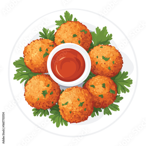 flat vector of falafel balls with dipping sauce, Middle Eastern street food