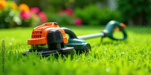 A vibrant orange and green motorized lawn tool rests gently on a lush green lawn, ready for its next task of trimming and maintaining the perfect yard