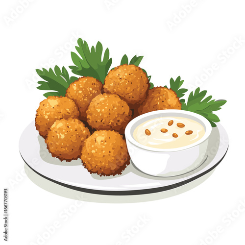 flat vector of falafel balls with dipping sauce, Middle Eastern street food