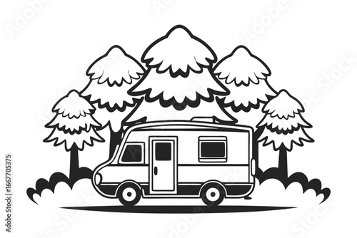 Caravan Amongst Trees, Hand Drawn in Black and White Sketch Style