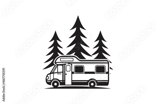 Campervan RV Camping with Pine Trees Icon, Retro Style Isolated on White Background
