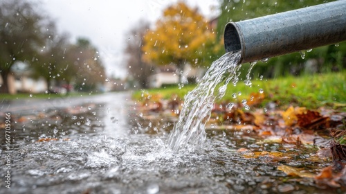 Wallpaper Mural Rainwater cascades from a gray downspout, splashing onto a leaf-strewn wet ground during autumn. Torontodigital.ca
