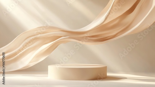 Elegant beige podium bathed in soft sunlight with flowing sheer fabric creating a luxurious minimalist display for product showcases and branding opportunities, Generative AI.