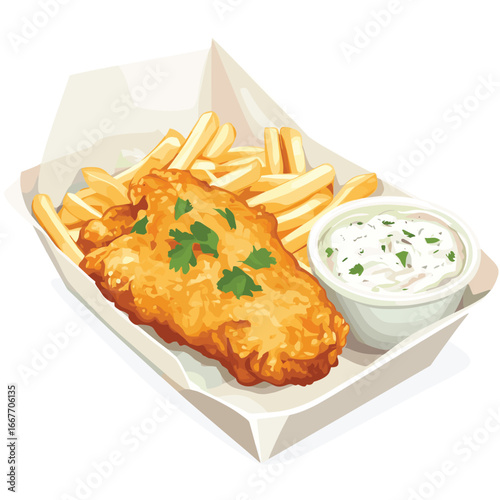 flat vector of fish and chips with tartar sauce in a paper tray