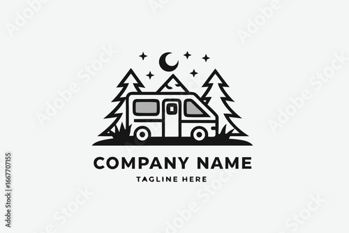 Line art Campervan with Pines, Moon and Stars on White Background Design