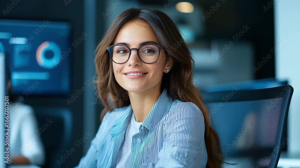 Confident Young Woman Glasses Smiling Modern Office, Professional Business and Approachable Confident Young Woman Glasses Smiling Modern Office, Professional Business and Approachable