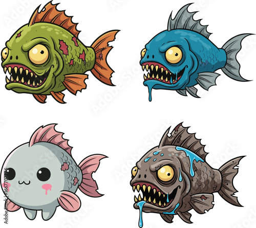 Cartoon fish characters with cute and scary expressions, colorful underwater monster illustration for kids, fantasy sea creature vector art